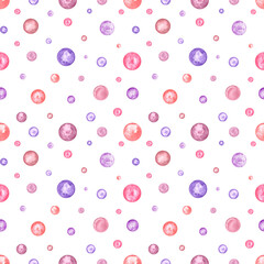 Vibrant pink, red, purple bubbles as flowers. Circles in soft colors. Colorful watercolor floral seamless pattern. Painting illustration of polka dots. For kid textiles, wallpapers, stationery