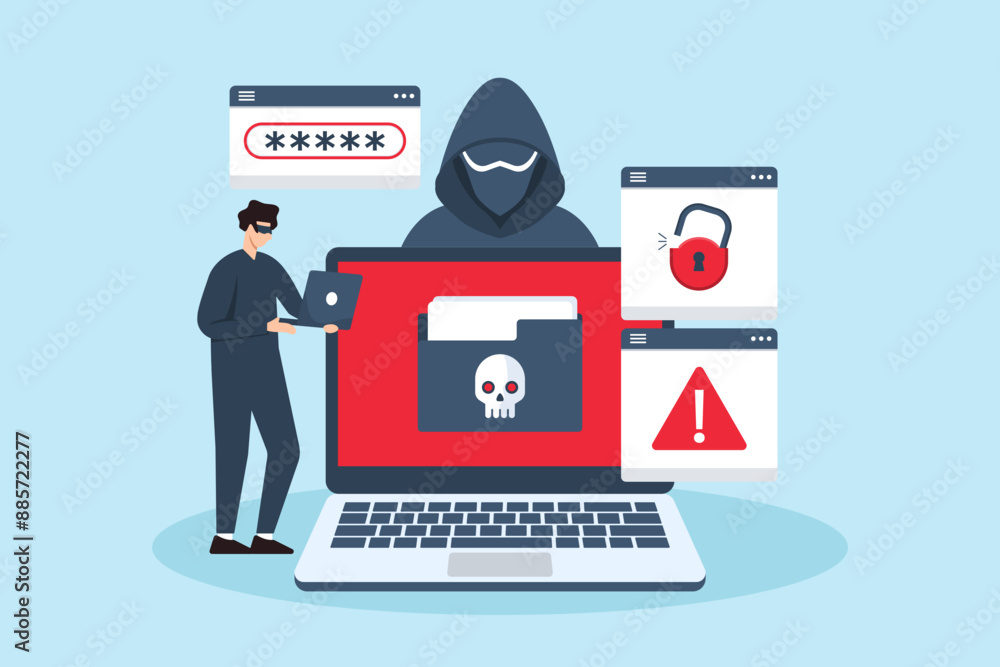Poster flat illustration of hacker bypassing security measures ransomware prevention and cybersecurity defe