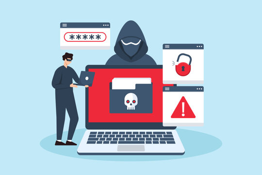 Flat illustration of hacker bypassing security measures ransomware prevention and cybersecurity defense