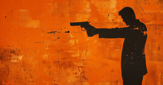 Orange pop art work of a gunman pointing a pistol, silhouette