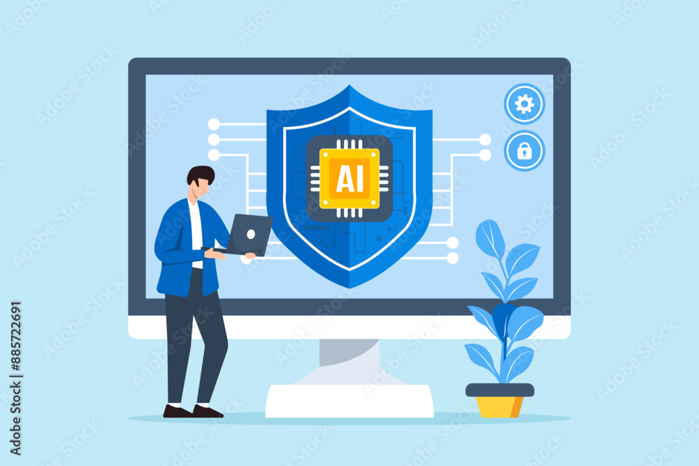 Poster flat illustration of man using ai for cybersecurity artificial intelligence in security and automati