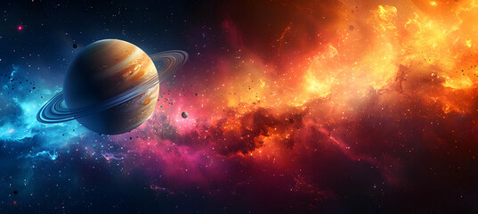 Fototapeta premium A solar planet surrounded by a colorful ring system in a cosmic environment