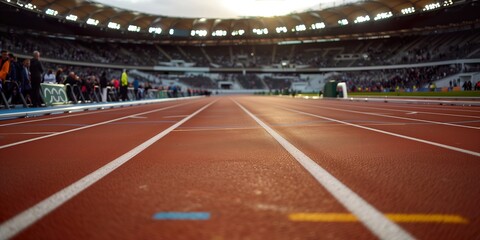 Detailed view of the track and field at the paris olympic games, vibrant atmosphere and cheering crowd