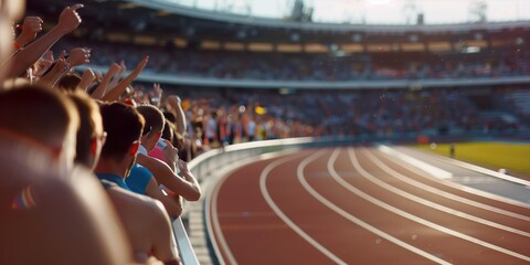 Excited crowd cheering at an olympic track and field event in paris, sunlight shining over the stadium