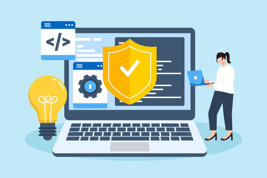 Flat illustration of woman developing secure software with security shield and programming code
