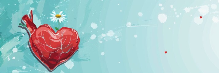 World Heart Day. Horizontal banner. Red heart with a white flower on a blue background. Free space for text. Health care concept, healthy lifestyle, prevention of heart attack, organ donation