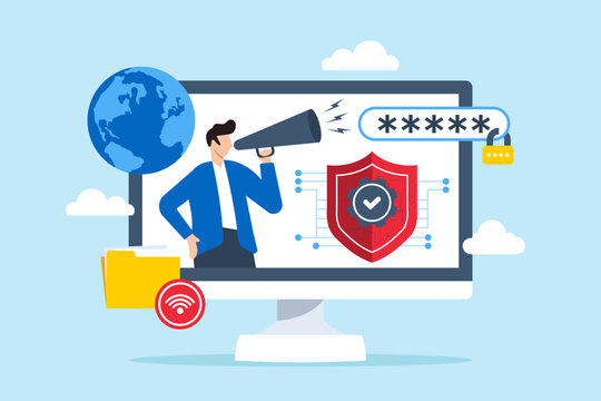 Flat illustration of man developing cybersecurity awareness campaigns and promoting security practices