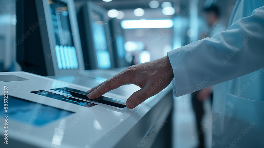Poster a close-up of a healthcare worker's hand scanning a secure access card to retrieve digital patient r
