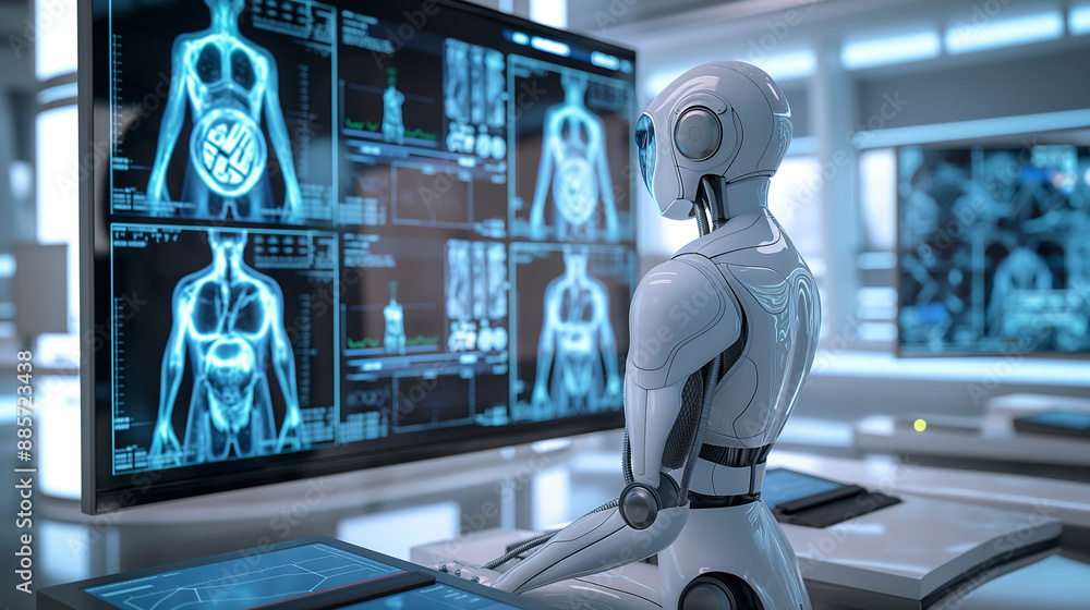 Poster ai software processing a series of ct scans on a high-tech monitor, highlighting its role in healthc