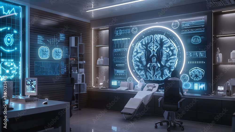 Poster a futuristic doctor's office with a holographic display of ai algorithms analyzing mri scans, revolu