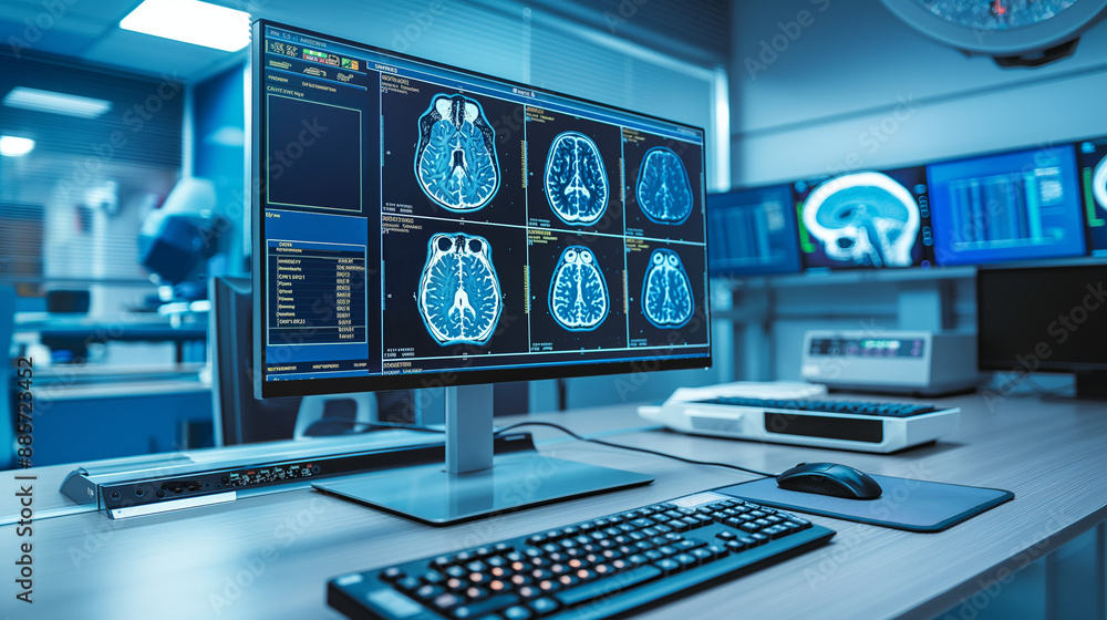 Poster ai software processing a series of ct scans on a high-tech monitor, highlighting its role in healthc