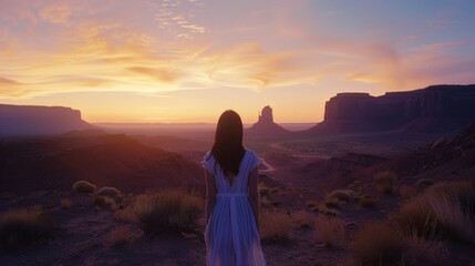 A solitary figure in a stunning white gown stands out against the arid landscape of the desert