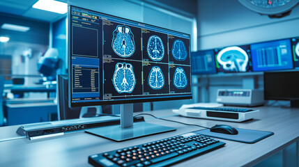 Naklejka premium AI software processing a series of CT scans on a high-tech monitor, highlighting its role in healthcare diagnosis.
