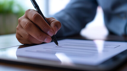 A close-up of a patientâs hand signing a consent form on a tablet, illustrating the digitization of healthcare documentation.