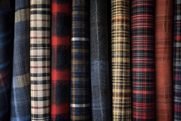 A close-up shot of a bunch of different colored plaid fabric