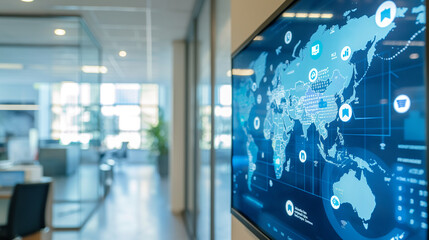 A digital display in a corporate office showing a map with icons representing environmental impact studies conducted in various regions.