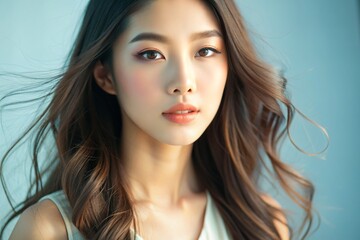Fototapeta premium A beautiful young Asian woman with long hair wearing a white top,generative ai