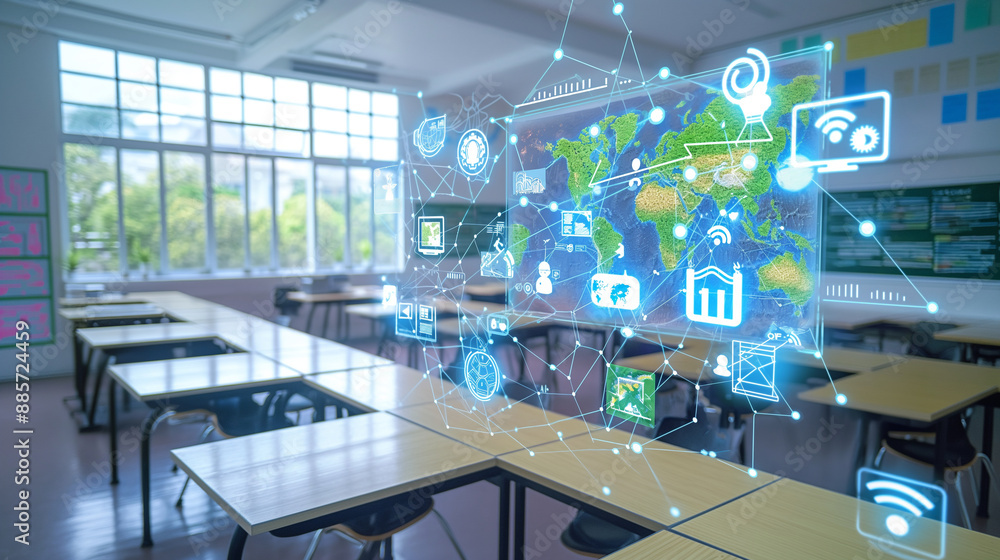 Poster a modern classroom with a digital map on a smartboard, overlaid with icons representing different en