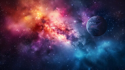  A solar planet surrounded by colorful cosmic dust and twinkling stars