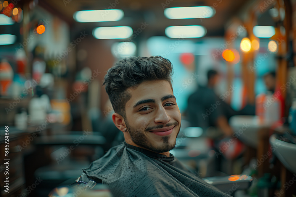 Wall mural Arab man smiling with confidence in barber shop.