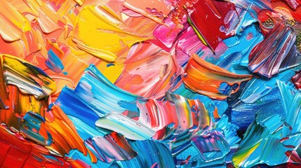 Bold and colorful abstract oil painting on canvas, showcasing intricate brush and palette knife textures. Multi-colored acrylic background in macro close-up. Modern art style. Horizontal fragment.