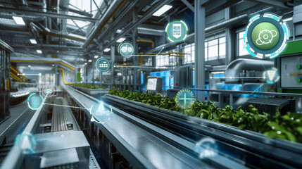 Obraz premium A high-tech factory with digital icons representing green technologies, renewable energy sources, and sustainability certifications, highlighting eco-friendly initiatives.