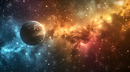  A solar planet surrounded by colorful cosmic dust and twinkling stars