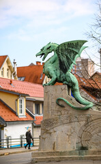 Dragon bridge and the Dragon statue in Ljubljana