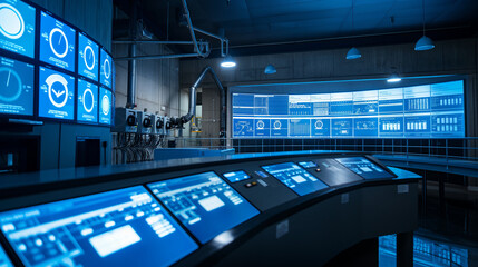 A control room in a water treatment facility, with screens displaying icons for water quality monitoring and detailed purification processes.