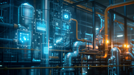 A factory with digital icons representing emissions control equipment, air quality monitoring systems, and compliance certificates.