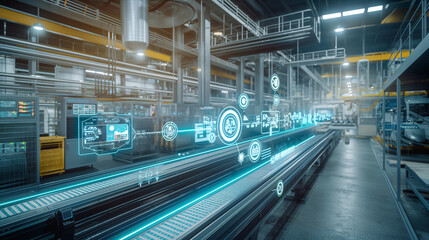 Fototapeta premium A modern factory with a digital interface highlighting icons for emissions control measures, air quality monitoring stations, and compliance badges.