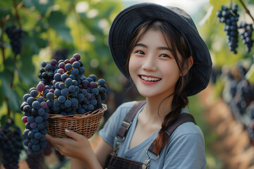 Asian woman holding grapes in hand in vineyard.