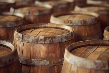 Fototapeta premium A collection of wooden barrels stacked together, possibly used for storage or transportation