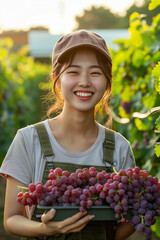 Asian woman holding grapes in hand in vineyard.