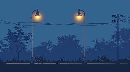 Electric streetlight bulb poles illuminated in the night showing a wornout streetlight with a power outage set against a dark blue background in a flat vector icon design