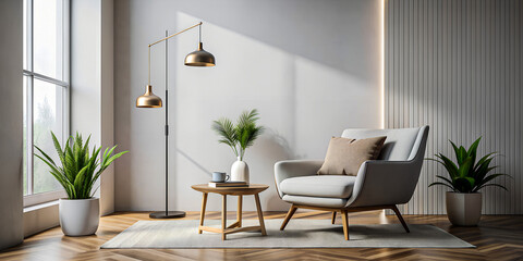 Scandinavian-inspired living room with a white armchair, wooden floor, and natural light, creating a bright and serene atmosphere.