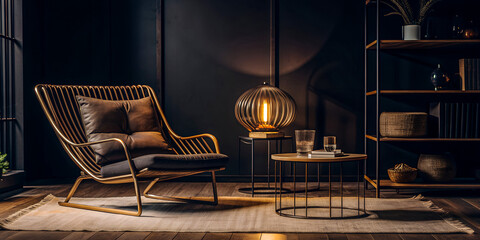 Stylish living room with a modern lounge chair, dark walls, and warm lighting, creating a cozy and sophisticated ambiance.
