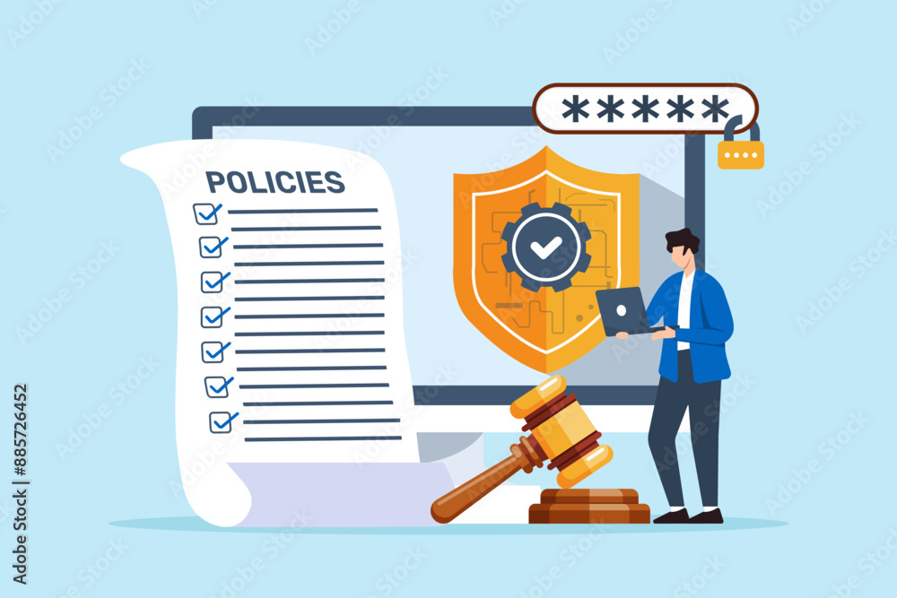 Poster flat illustration of man developing cybersecurity policies with security shield and gavel