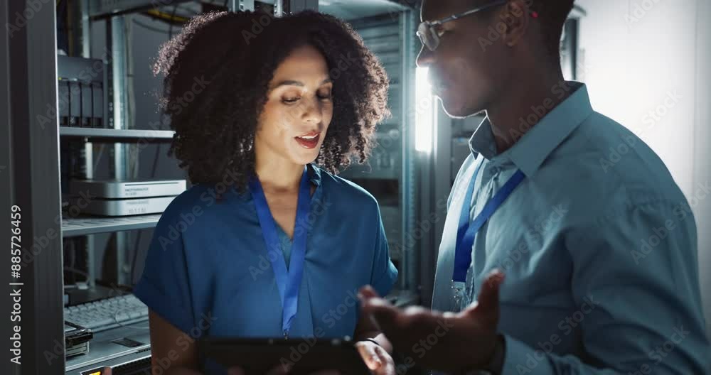 Poster people, tablet or coding in server room as software engineer team, night or technology in data centr