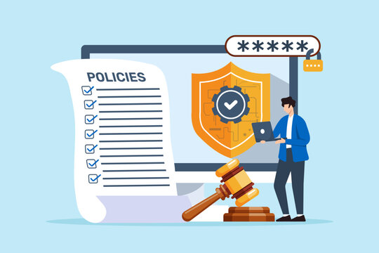 Flat illustration of man developing cybersecurity policies with security shield and gavel