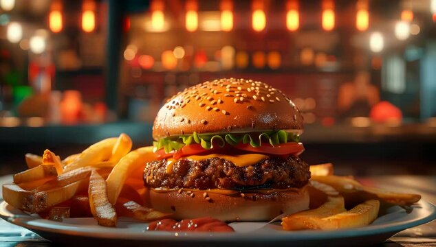 Zoom to a mouthwatering cheeseburger with lettuce, tomato, and a juicy beef patty in a sesame seed bun, served with golden, crispy fries on a plate in a cozy, warmly-lit restaurant. Generative Ai.