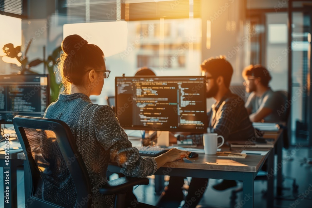 Wall mural diverse software testing team collaboratively working in a sunlit modern office on a complex applica