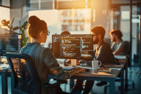Diverse software testing team collaboratively working in a sunlit modern office on a complex application
