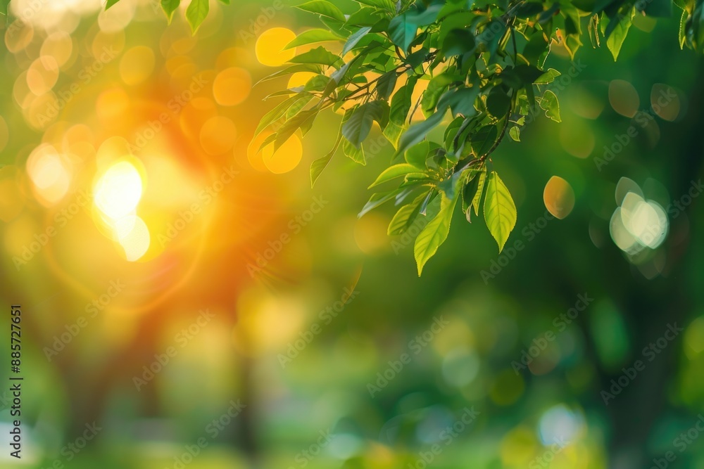 Poster a tree branch with sunlight shining through the leaves, creating dappled shadows on the ground