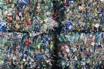 compressed plastic waste at waste recycling plant