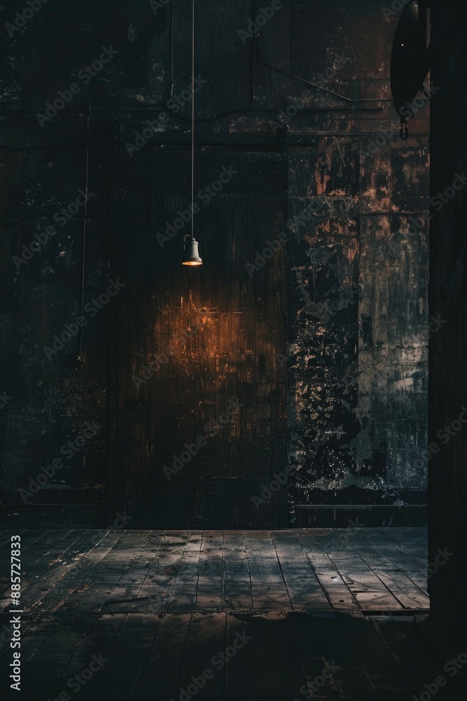 Poster a dimly lit room with a single light source hanging from the ceiling