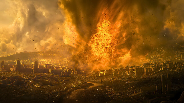 Depiction of the destruction of an ancient city, a historical account from the Bible when Sodom and Gomorrah were destroyed by God, who sent down fire from the heavens.