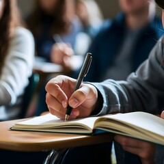 Realistic Close-Up of Student's Hand Writing in Notebook During Class