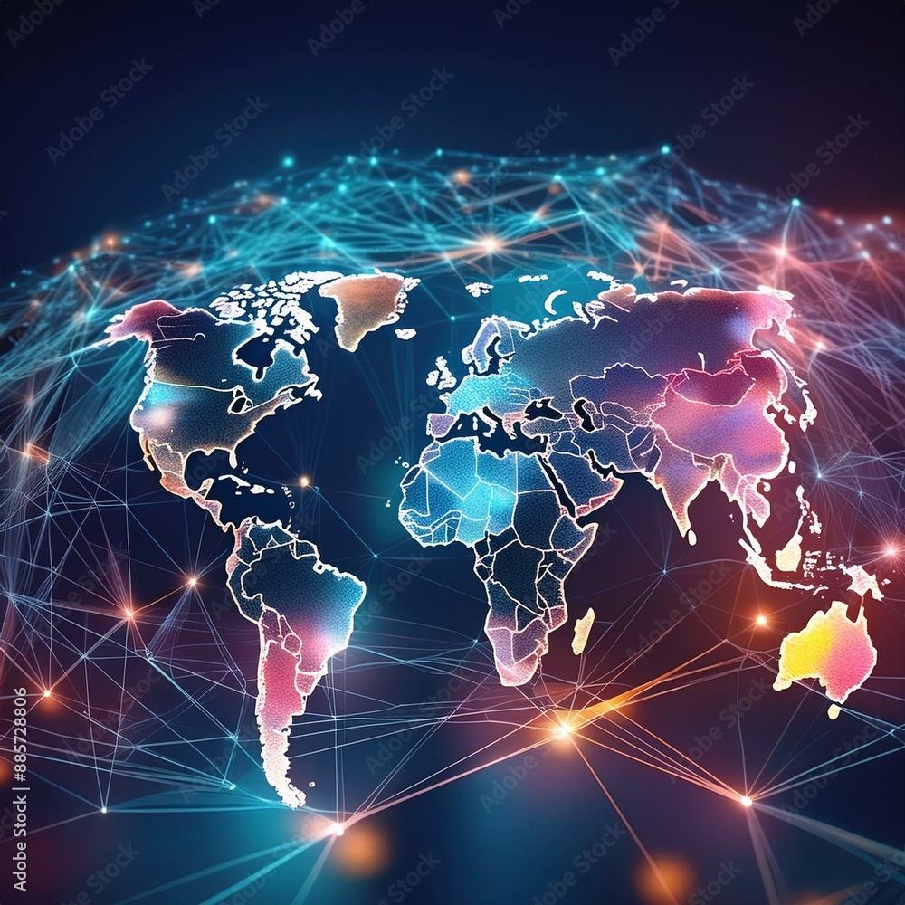 Poster abstract world map concept of global network and connectivity international data transfer and cyber 