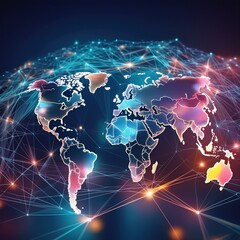 Abstract world map concept of global network and connectivity international data transfer and cyber technology worldwide business information exchange and telecommunication